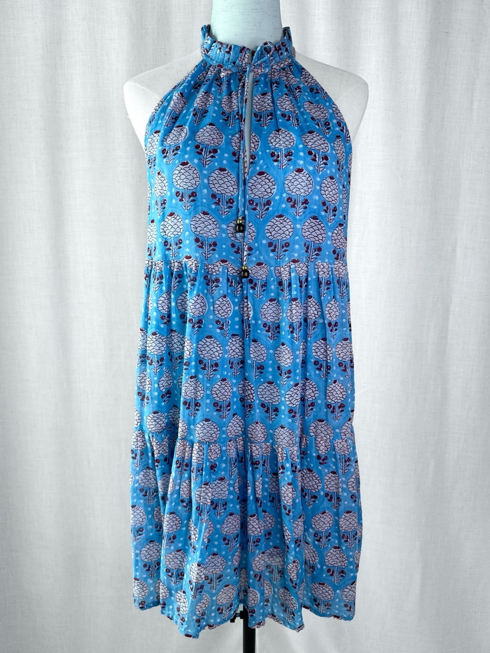 Oliphant Kerala Blue Sleeveless Tiered Short Dress Blue Floral Size M NWT